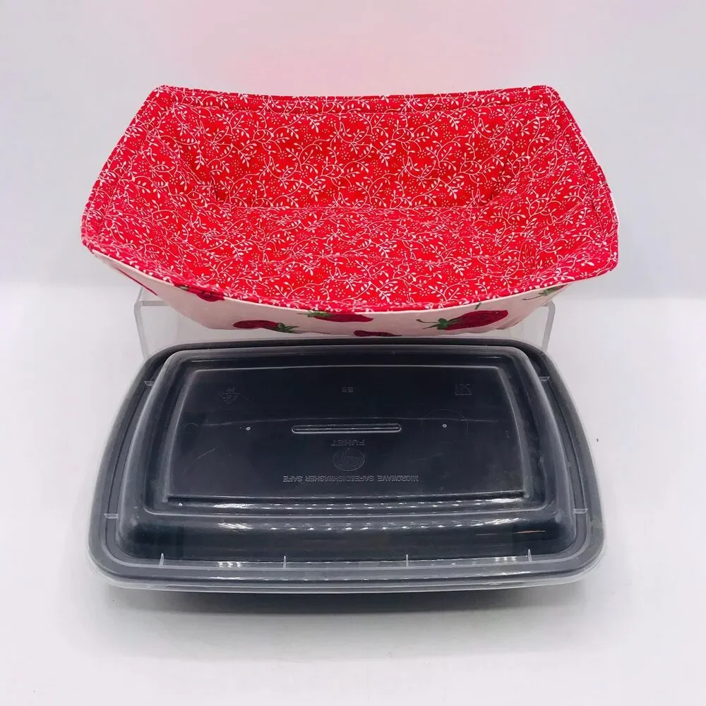 Reversible Microwave Cozie For Takeout Containers Cottage Core Strawberry Fabric